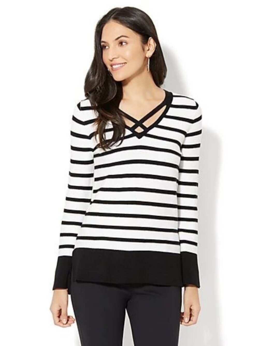 New York & Company Criss-Cross Front Stripe Sweater, size XS